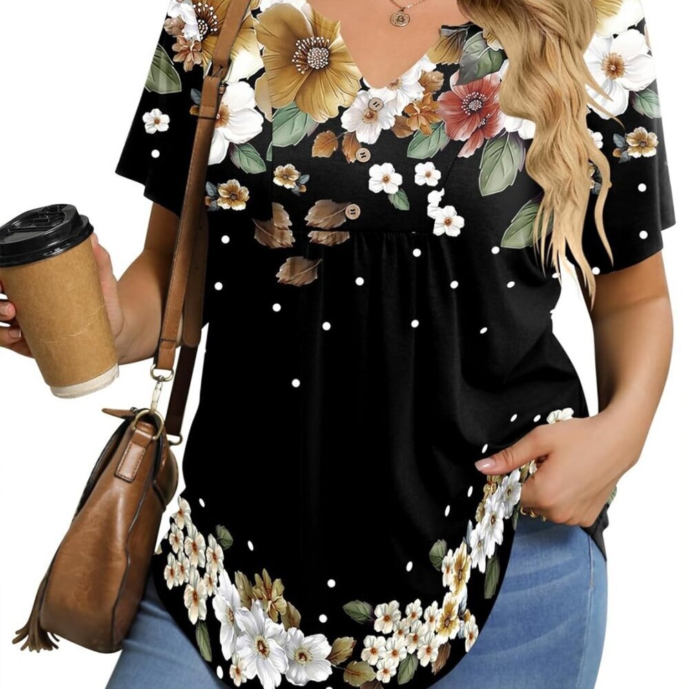 Womens Plus Size Tunic Top Summer Short Sleeve T-Shirt V-neck Button Up Dressy B